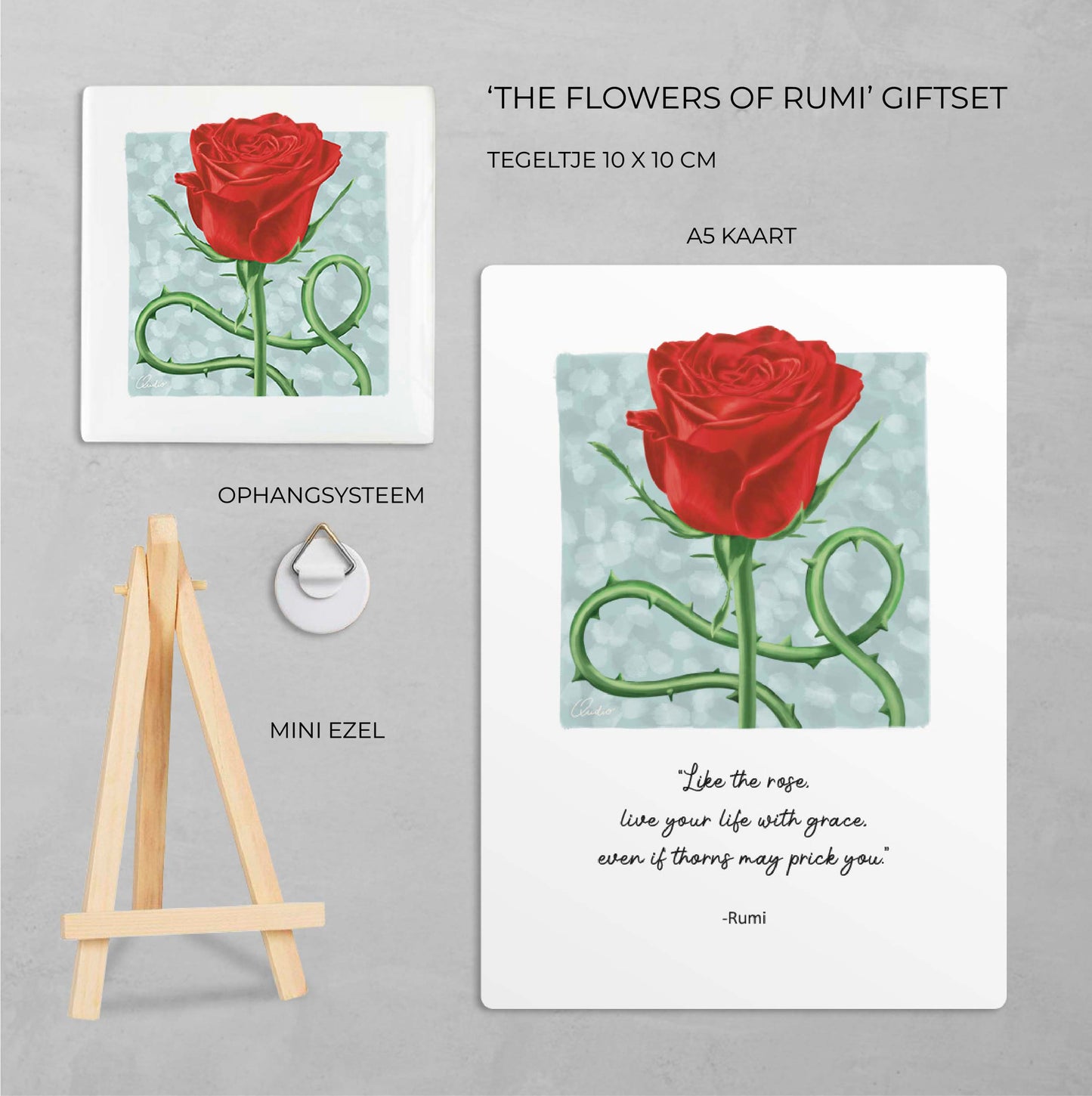 Giftset | Tegeltje + A5 kaart 'Graceful Rose'