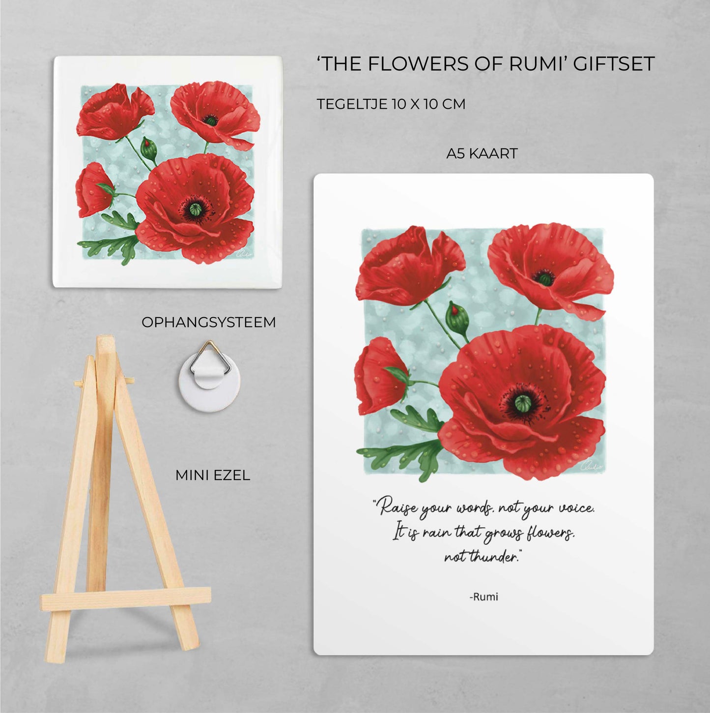 Giftset | Tegeltje + A5 kaart 'Poppy's'